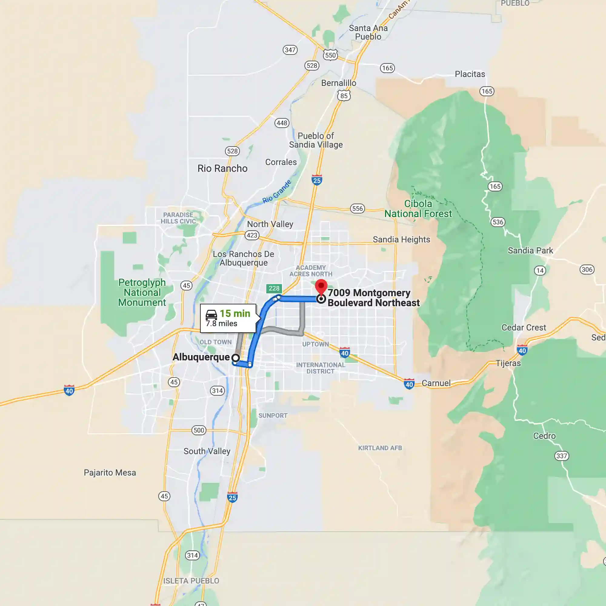 TAP TO OPEN GOOGLE MAP DIRECTIONS - ALBUQUERQUE NM TO SANDIA SKIN + FACE MEDICAL SPA