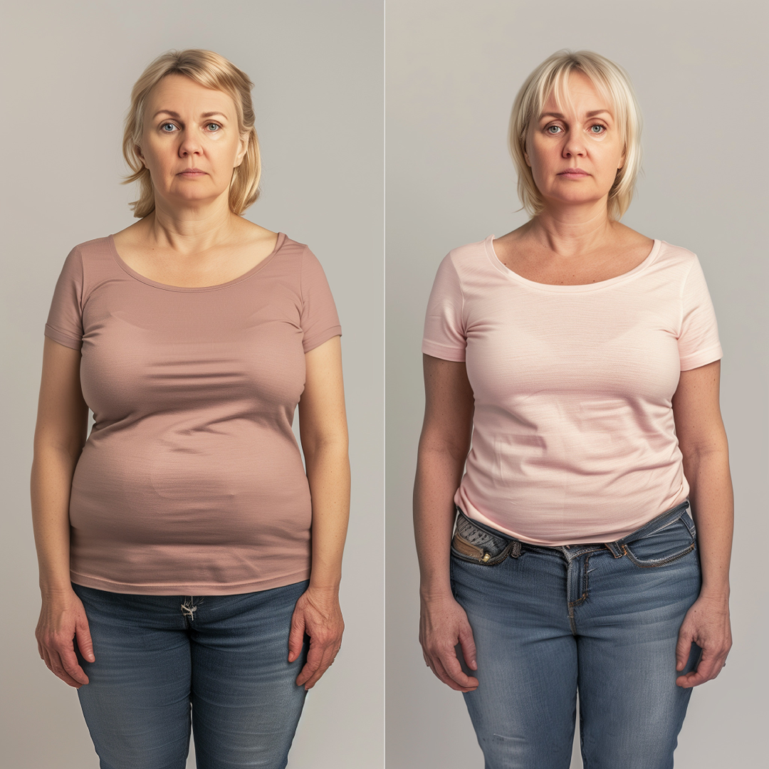A side-by-side comparison of a woman before and after using Semaglutide for weight loss.